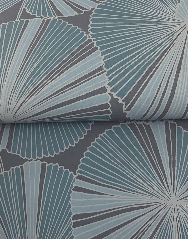 Layered Deep Blue Lily Pads Wallpaper with Tropical Botanical Pattern - York NT6113