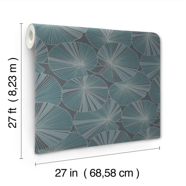 Layered Deep Blue Lily Pads Wallpaper with Tropical Botanical Pattern - York NT6113