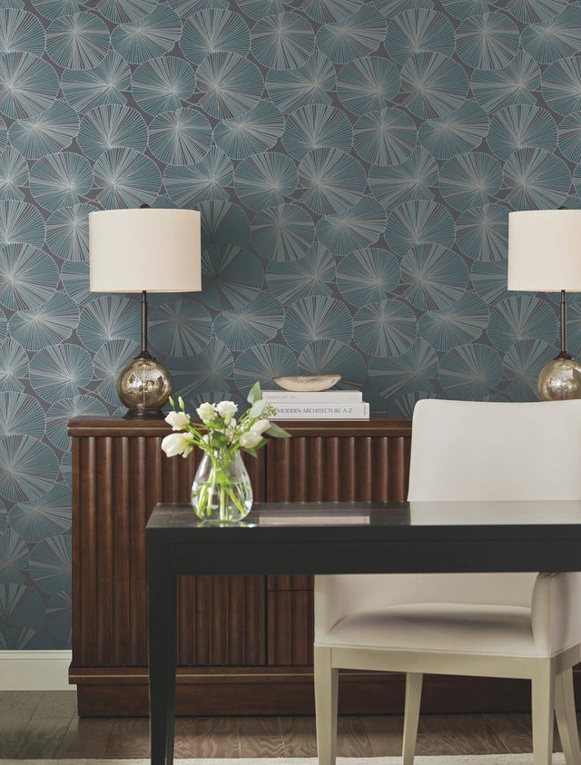 Layered Deep Blue Lily Pads Wallpaper with Tropical Botanical Pattern - York NT6113