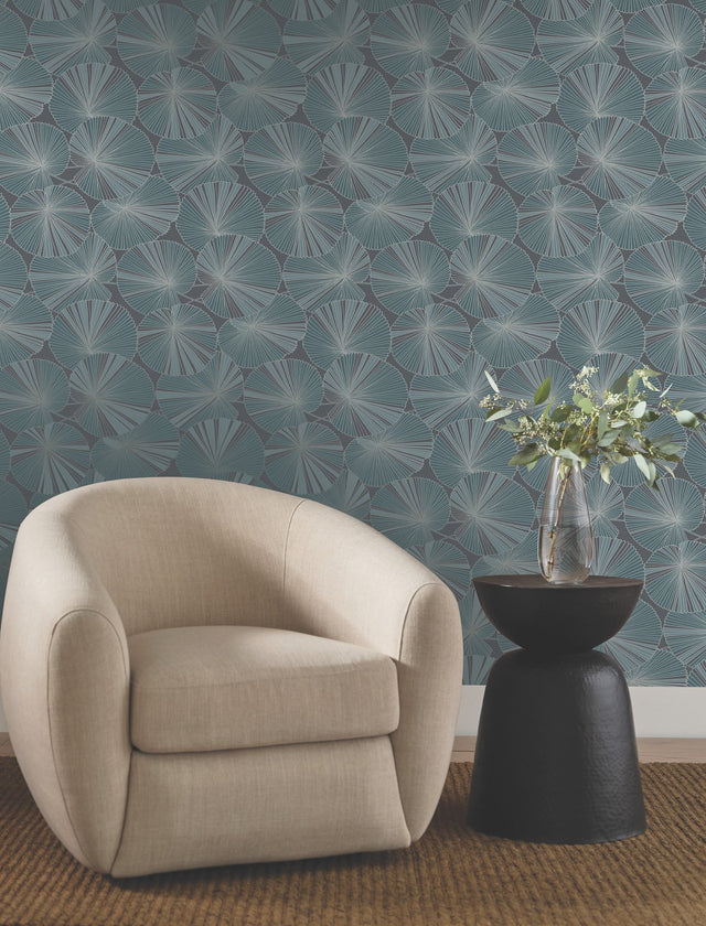 Layered Deep Blue Lily Pads Wallpaper with Tropical Botanical Pattern - York NT6113