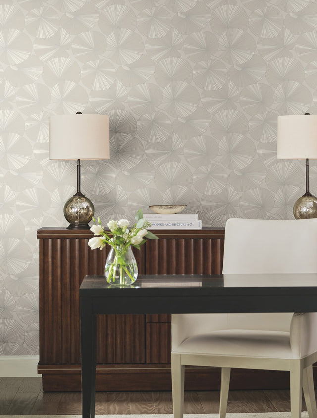 Layered Grey Lily Pads Wallpaper with Botanical Tropical Motif - York NT6114