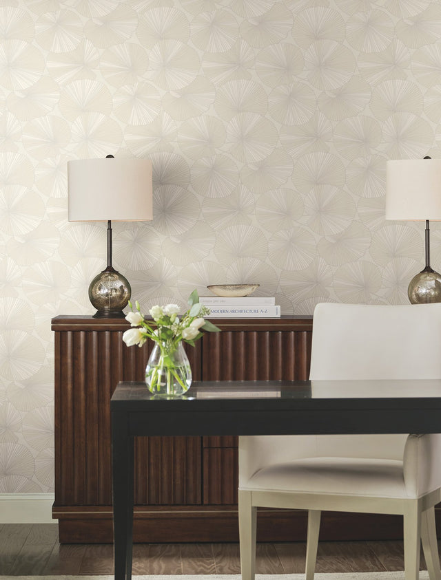 Layered Cream Lily Pads Wallpaper with Botanical Tropical Motif - York NT6115