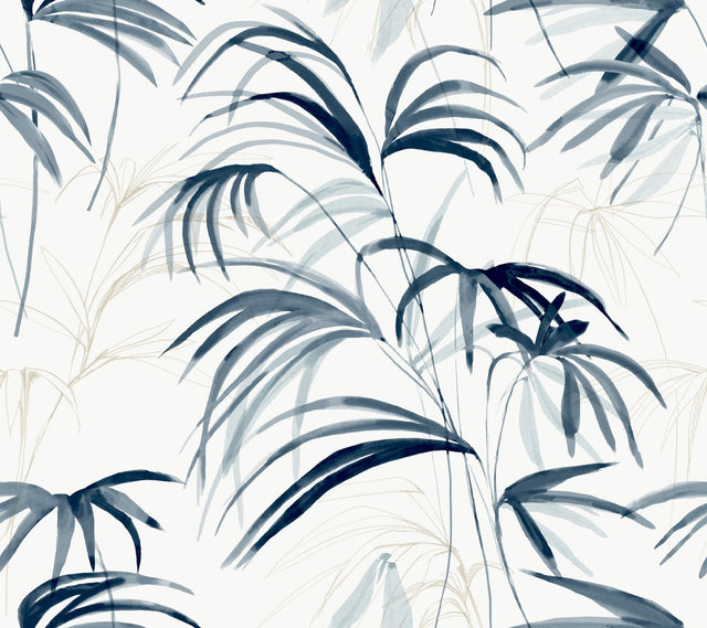 Inky Blue Palms Blue Wallpaper with Tropical Botanical Palm Pattern - York NT6122