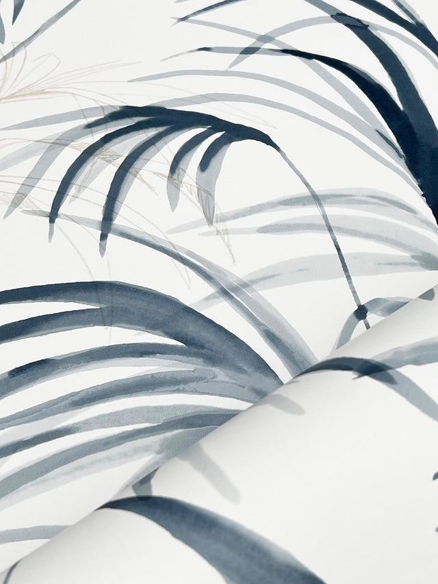 Inky Blue Palms Blue Wallpaper with Tropical Botanical Palm Pattern - York NT6122