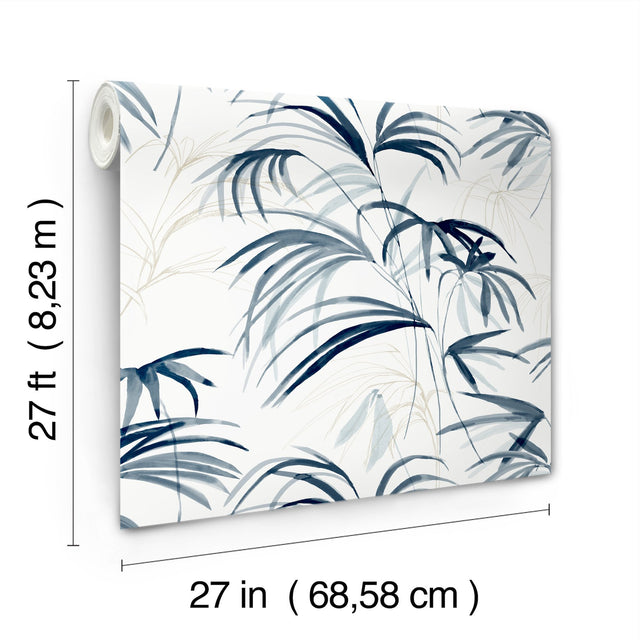 Inky Blue Palms Blue Wallpaper with Tropical Botanical Palm Pattern - York NT6122