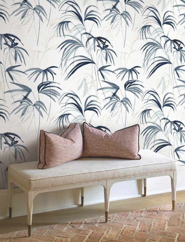 Inky Blue Palms Blue Wallpaper with Tropical Botanical Palm Pattern - York NT6122