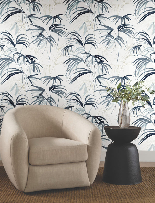 Inky Blue Palms Blue Wallpaper with Tropical Botanical Palm Pattern - York NT6122