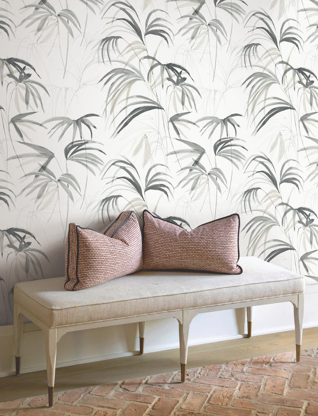 Inky Black Palms Black Wallpaper with Tropical Botanical Watercolor Motif - York NT6123