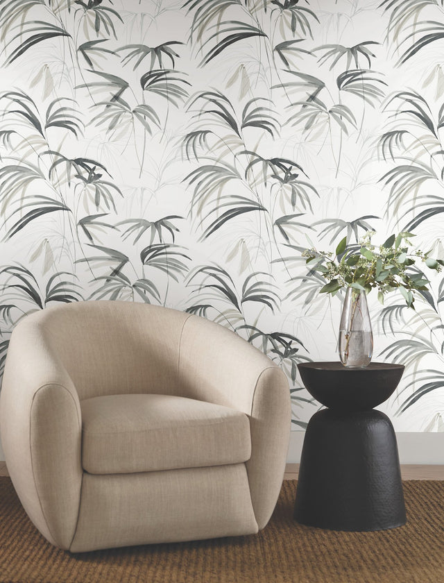 Inky Black Palms Black Wallpaper with Tropical Botanical Watercolor Motif - York NT6123