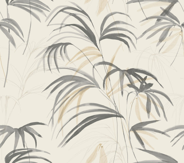 Inky Warm Neutral Palms Wallpaper with Tropical Botanical Palm Sketch - York NT6125