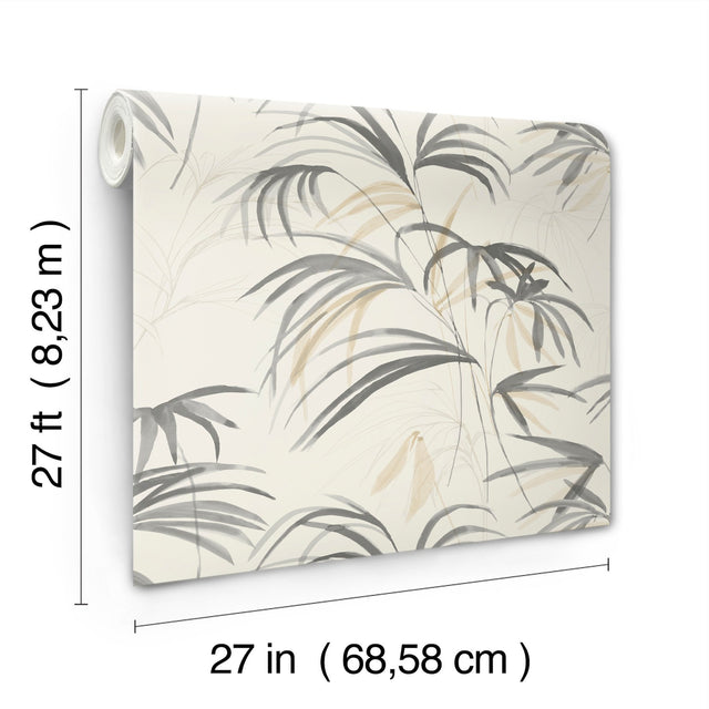 Inky Warm Neutral Palms Wallpaper with Tropical Botanical Palm Sketch - York NT6125