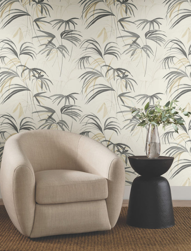 Inky Warm Neutral Palms Wallpaper with Tropical Botanical Palm Sketch - York NT6125