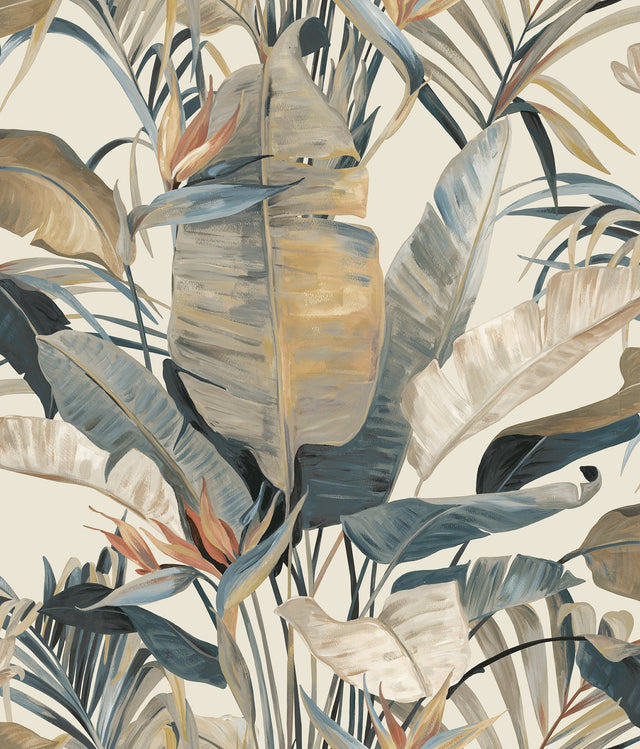 Tropical Cabana Plush Neutral Wallpaper with Tropical Banana Leaf Motif - York NT6133