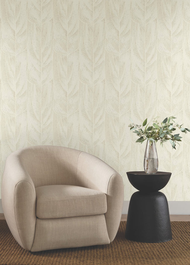 Dicot Neutral Leaf Wallpaper in Neutral with Raised Ink Botanical Pattern, Eclectic Style - York NT6143