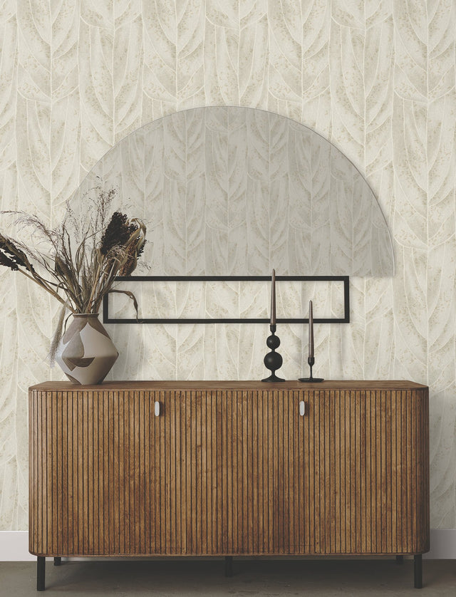 Dicot Beige Leaf Wallpaper with Raised Ink Botanical Pattern, Eclectic Style - York NT6144