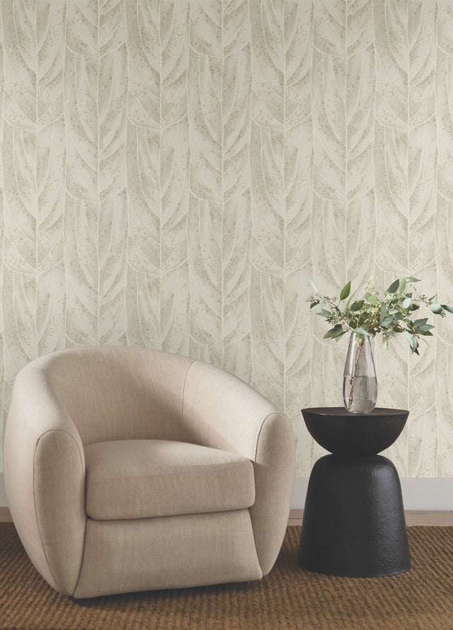 Dicot Beige Leaf Wallpaper with Raised Ink Botanical Pattern, Eclectic Style - York NT6144