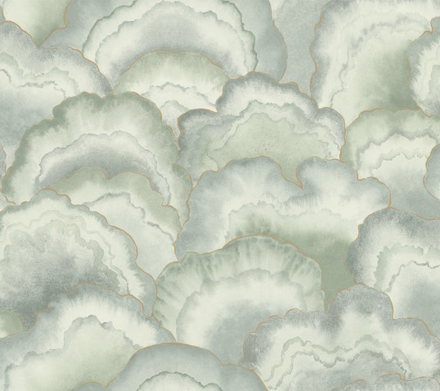 Abalone Seaglass Fans Wallpaper with Metallic Watercolor Fan Motif - York NT6181