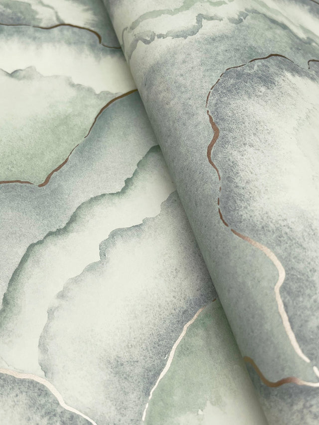 Abalone Seaglass Fans Wallpaper with Metallic Watercolor Fan Motif - York NT6181