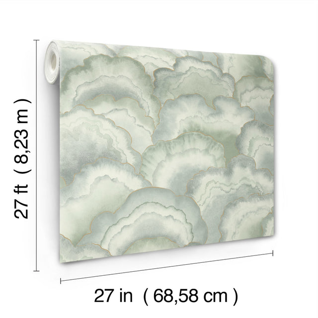 Abalone Seaglass Fans Wallpaper with Metallic Watercolor Fan Motif - York NT6181