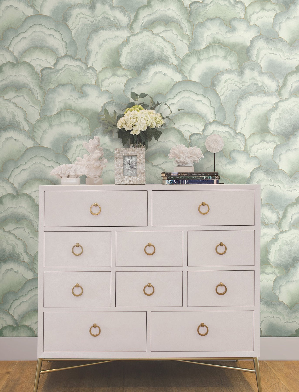 Abalone Seaglass Fans Wallpaper with Metallic Watercolor Fan Motif - York NT6181SAM