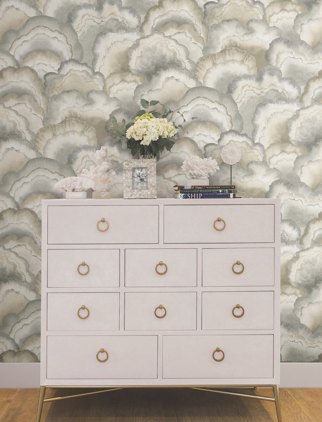 Abalone Smokey Fans Wallpaper with Metallic Bohemian Fans Pattern - York NT6183