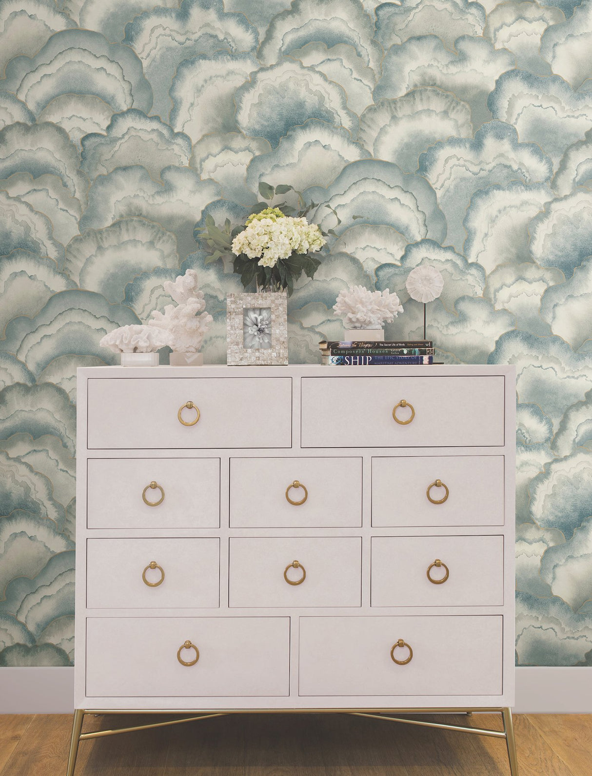 Abalone Mist Fans Misty Wallpaper with Metallic Bohemian Fans Pattern - York NT6184