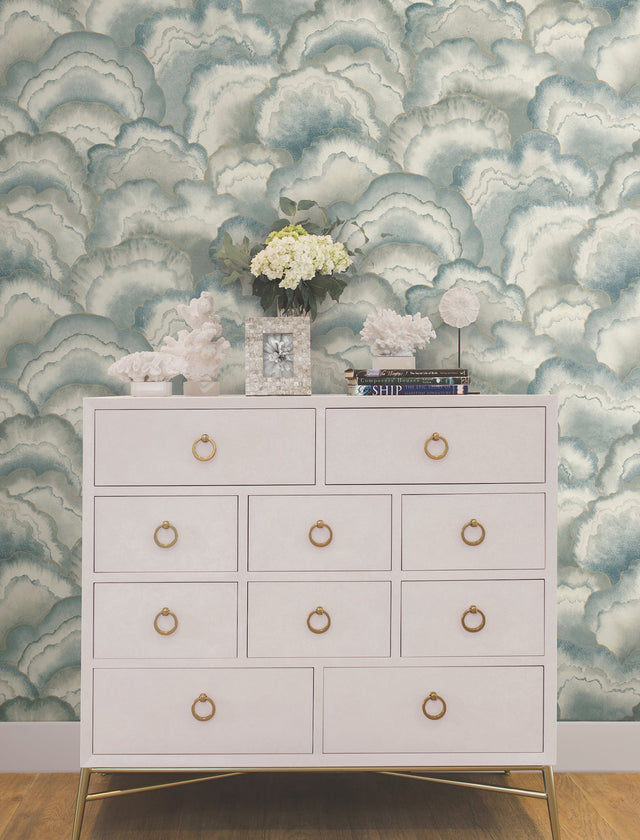 Abalone Mist Fans Misty Wallpaper with Metallic Bohemian Fans Pattern - York NT6184