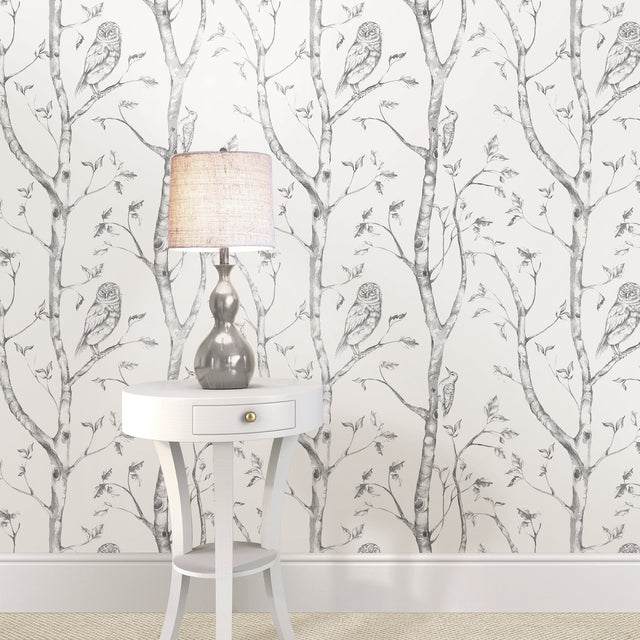Woods Grey Peel & Stick Wallpaper with Owl and Forest Motif - NuWallpaper NUS1412