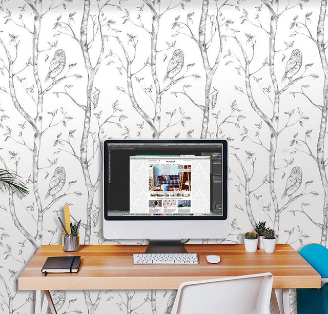 Woods Grey Peel & Stick Wallpaper with Owl and Forest Motif - NuWallpaper NUS1412