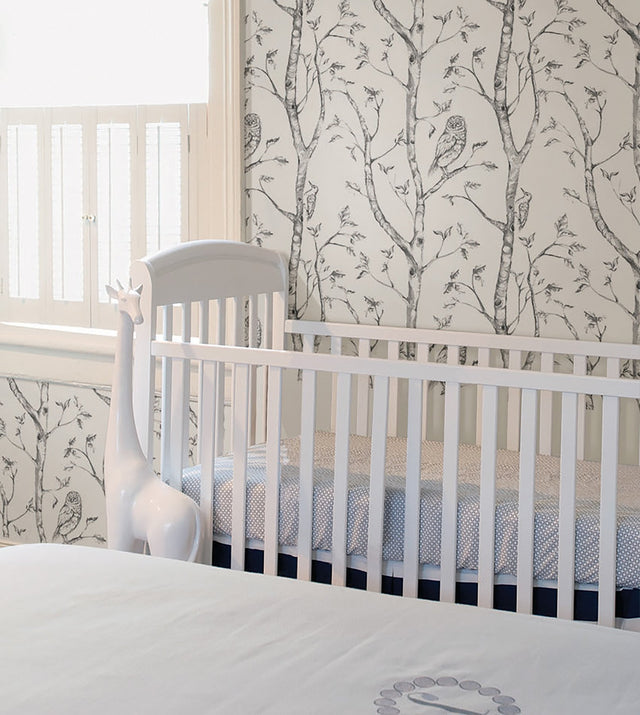 Woods Grey Peel & Stick Wallpaper with Owl and Forest Motif - NuWallpaper NUS1412