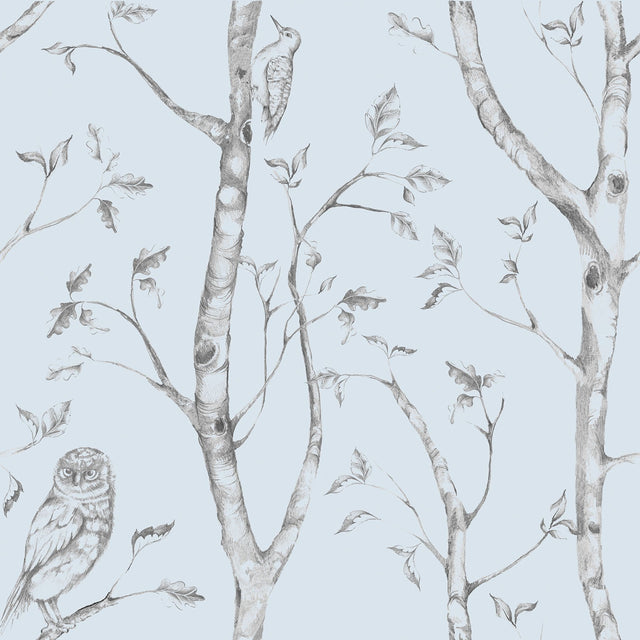 Woods Blue Peel & Stick Wallpaper with Whimsical Owl Forest Motif - NuWallpaper NU1413