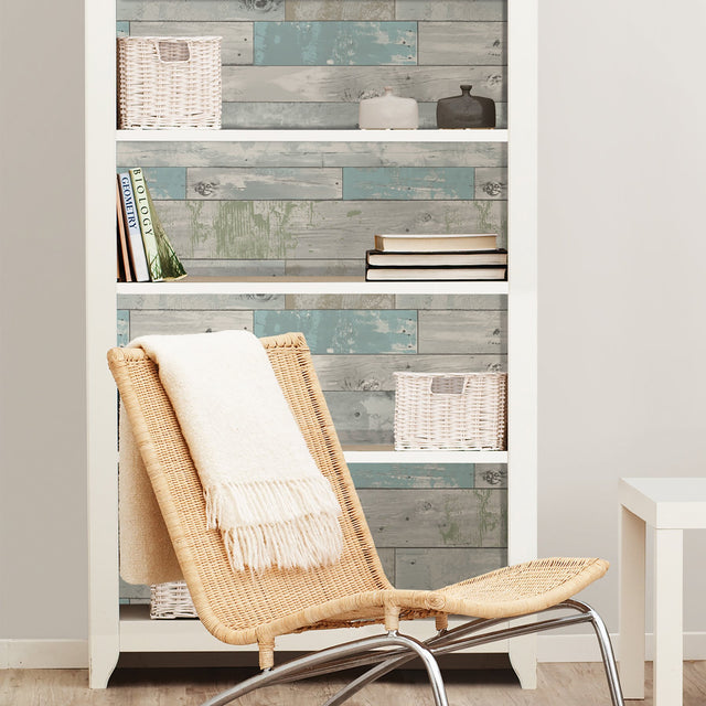 Beachwood Aqua Peel & Stick Wallpaper with Reclaimed Wood Motif - NuWallpaper NU1647