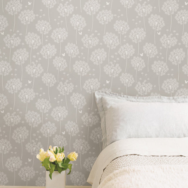 Dandelion Grey Peel & Stick Wallpaper with Nature Floral Motif - NuWallpaper NU1651