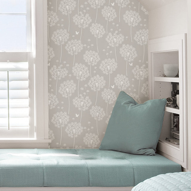 Dandelion Grey Peel & Stick Wallpaper with Nature Floral Motif - NuWallpaper NU1651