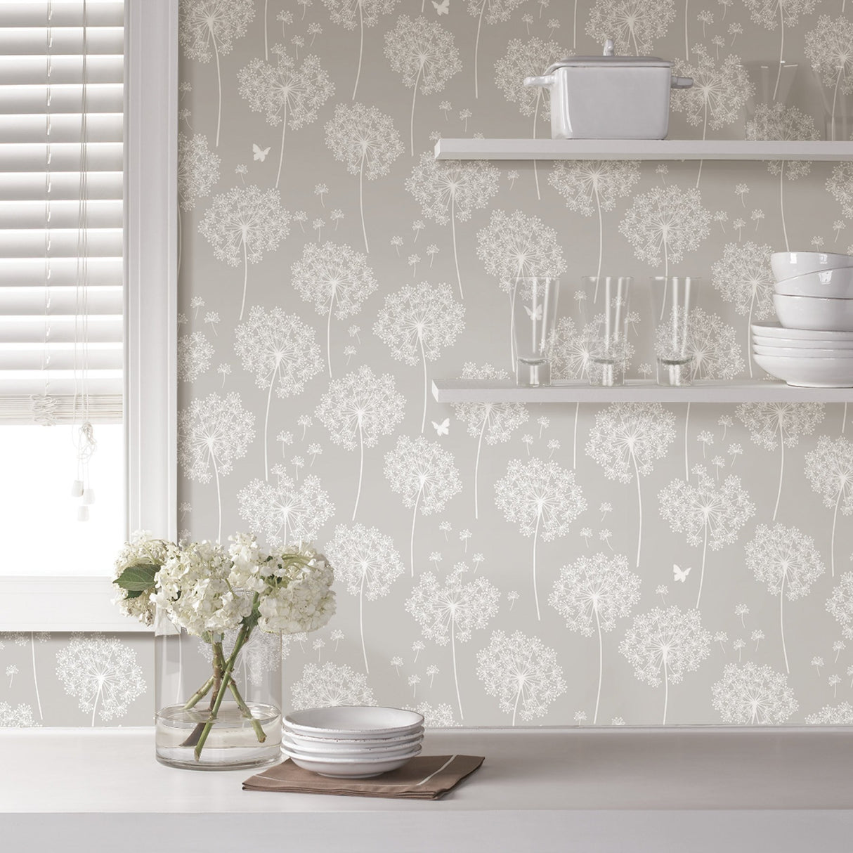 Dandelion Grey Peel & Stick Wallpaper with Nature Floral Motif - NuWallpaper NU1651