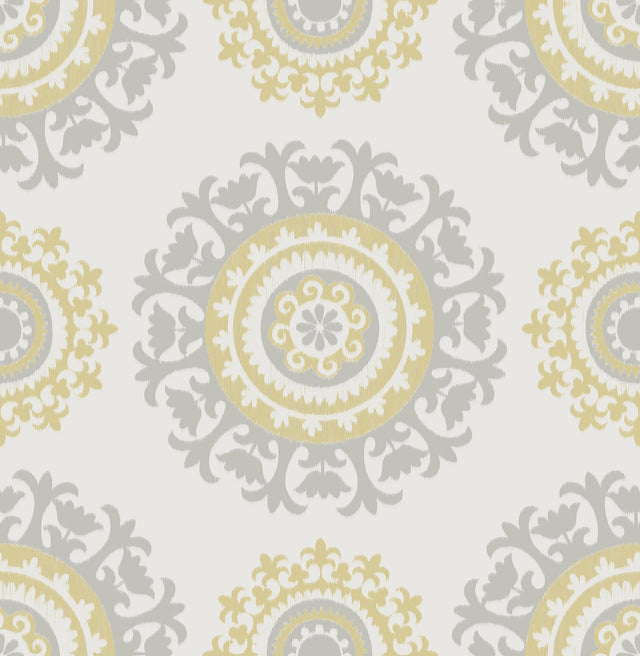 Suzani Grey & Yellow Peel & Stick Wallpaper with Modern Geometric Medallion - NuWallpaper NU1652