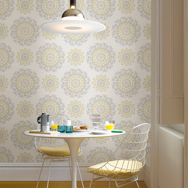 Suzani Grey & Yellow Peel & Stick Wallpaper with Modern Geometric Medallion - NuWallpaper NU1652
