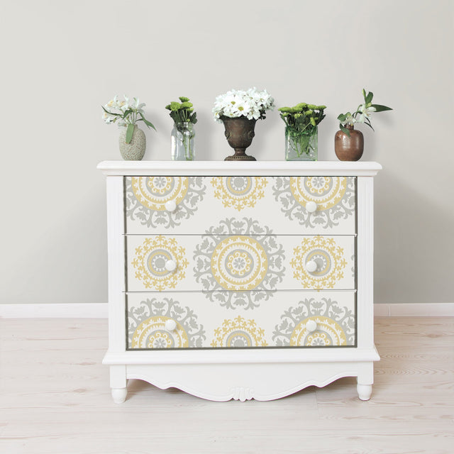 Suzani Grey & Yellow Peel & Stick Wallpaper with Modern Geometric Medallion - NuWallpaper NU1652
