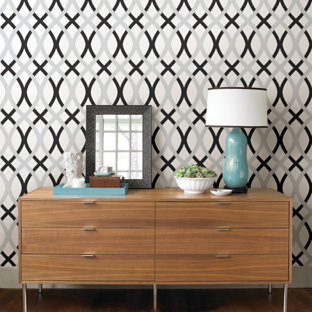 Lattice Black & Silver Peel & Stick Wallpaper with Modern Geometric Lattice Pattern - NuWallpaper NU1658