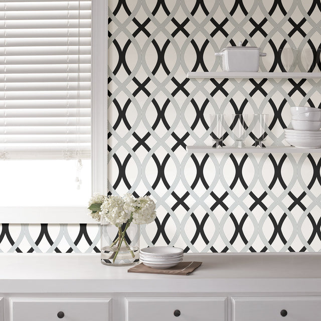 Lattice Black & Silver Peel & Stick Wallpaper with Modern Geometric Lattice Pattern - NuWallpaper NU1658