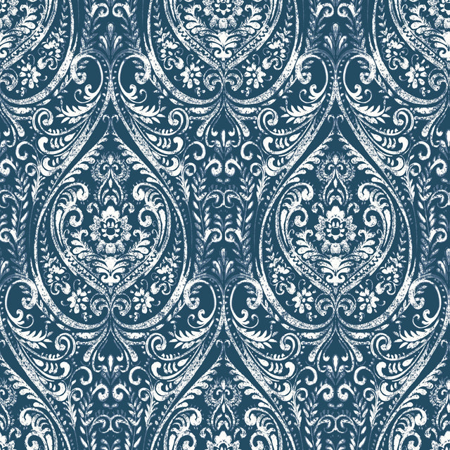 Bohemian Damask Indigo Peel & Stick Wallpaper with Traditional Graphic Damask Pattern - NuWallpaper NU1689