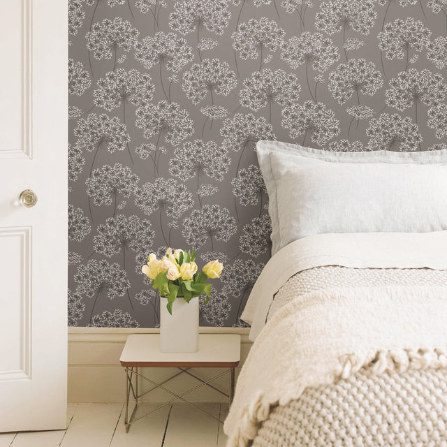 Angelica Grey Peel & Stick Wallpaper with Modern Floral Motif - NuWallpaper NU1693
