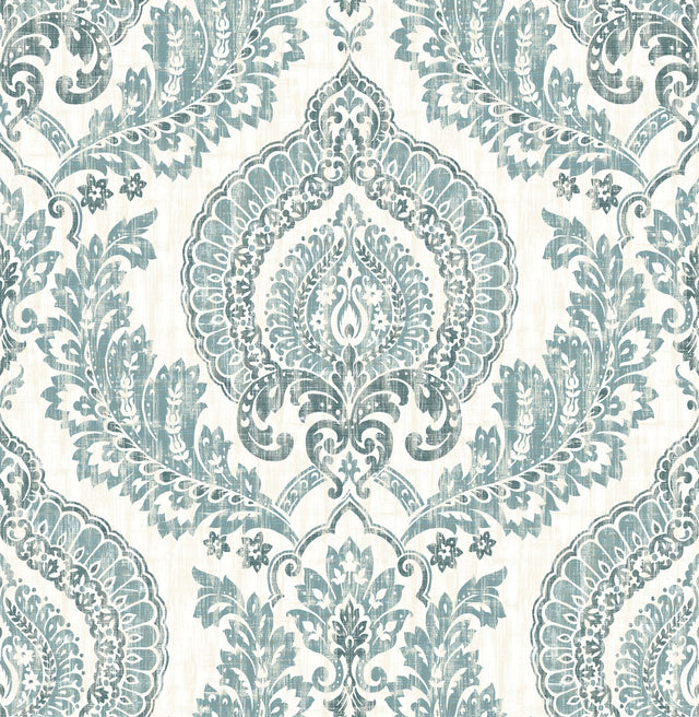 Kensington Damask Blue Peel & Stick Wallpaper with Boho Damask Pattern - NuWallpaper NU1702