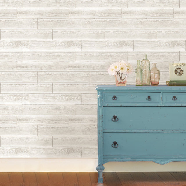 Serene Cream Peel & Stick Wallpaper with Wood Look Plank Motif - NuWallpaper NU1930