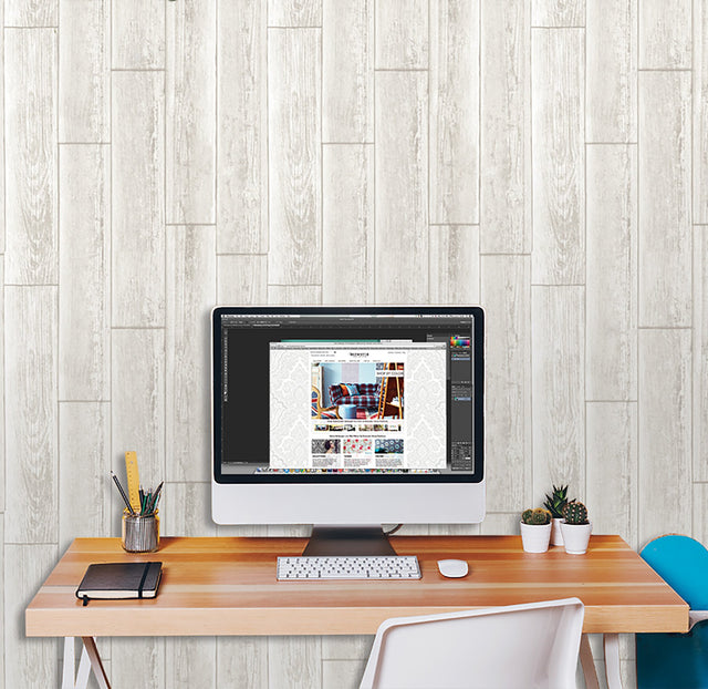 Serene Cream Peel & Stick Wallpaper with Wood Look Plank Motif - NuWallpaper NU1930