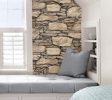 Hadrian Stone Brown Peel & Stick Wallpaper with Stone Wall Graphic Pattern - NuWallpaper NU2065