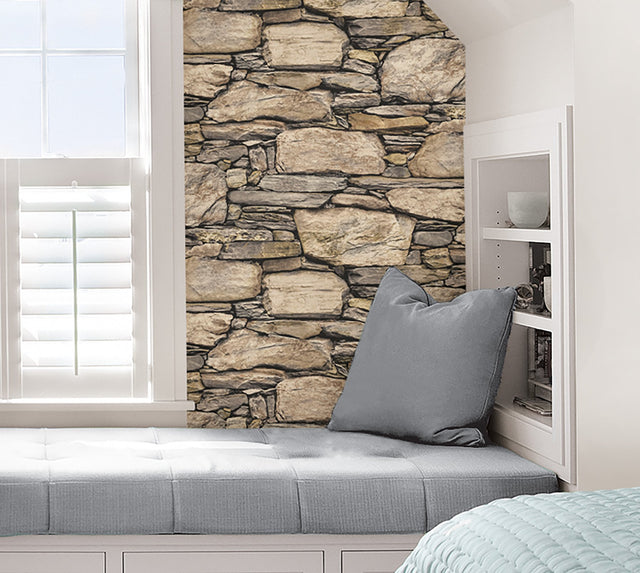 Hadrian Stone Brown Peel & Stick Wallpaper with Stone Wall Graphic Pattern - NuWallpaper NU2065