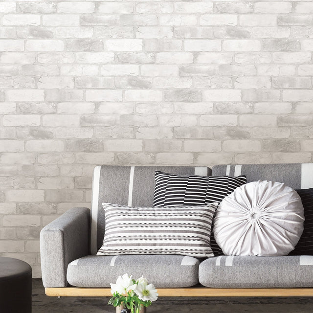 Loft White Brick Textured Peel & Stick Wallpaper with Faux Brick Pattern, Modern Style - NuWallpaper NU2218