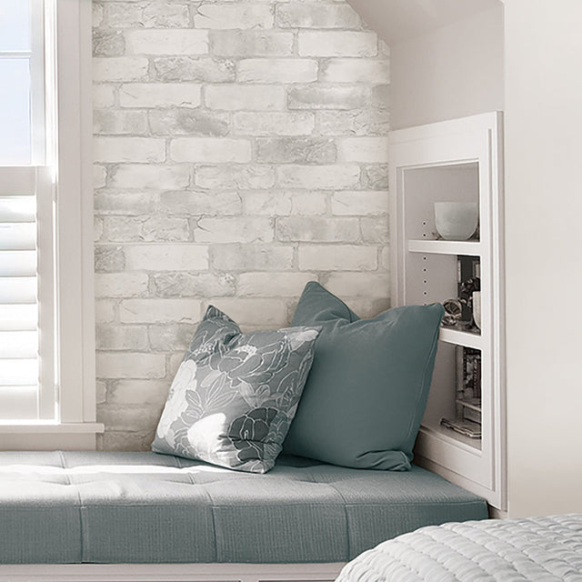 Loft White Brick Textured Peel & Stick Wallpaper with Faux Brick Pattern, Modern Style - NuWallpaper NU2218