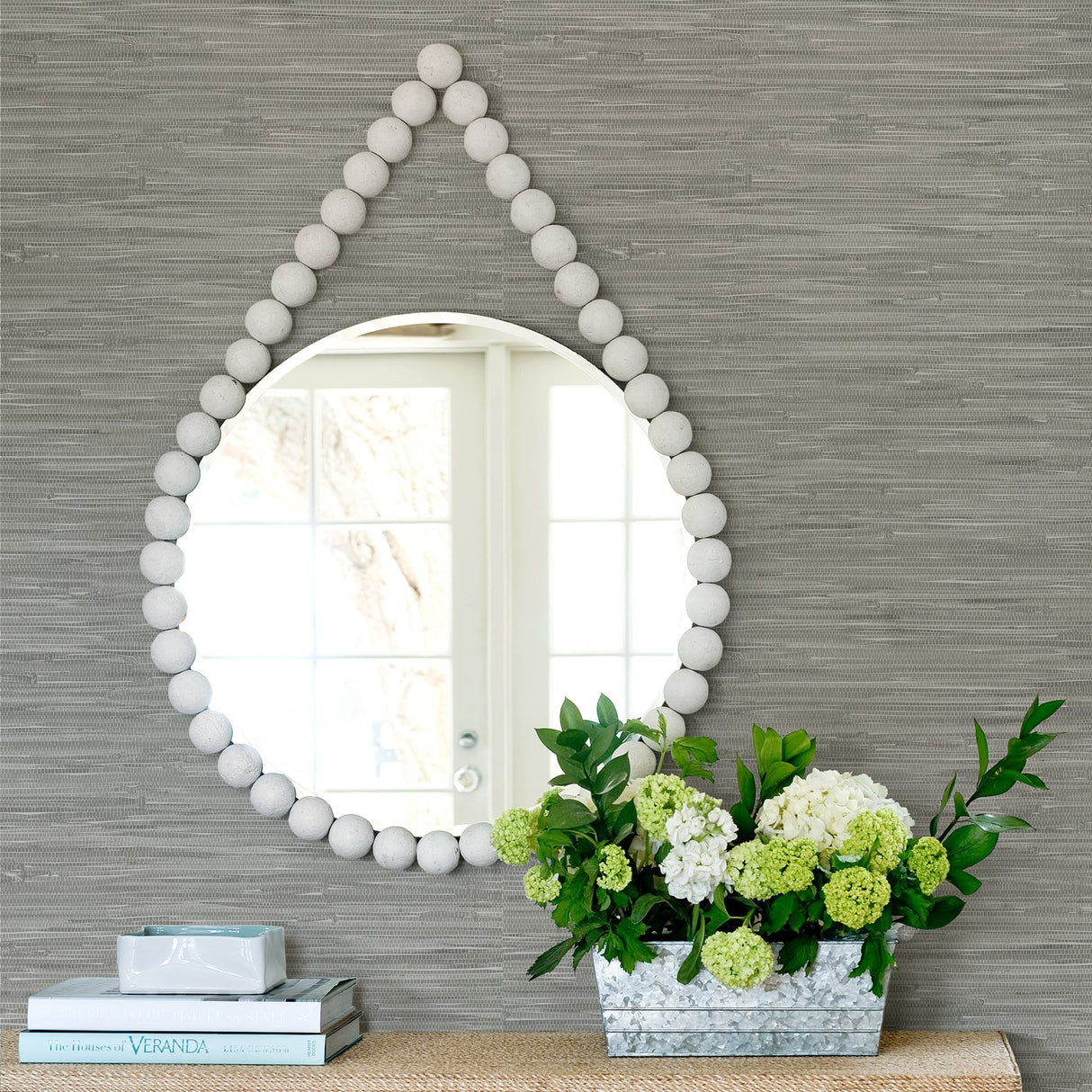 Tibetan Grasscloth Grey Peel & Stick Wallpaper with Modern Nature Graphics - NU2276